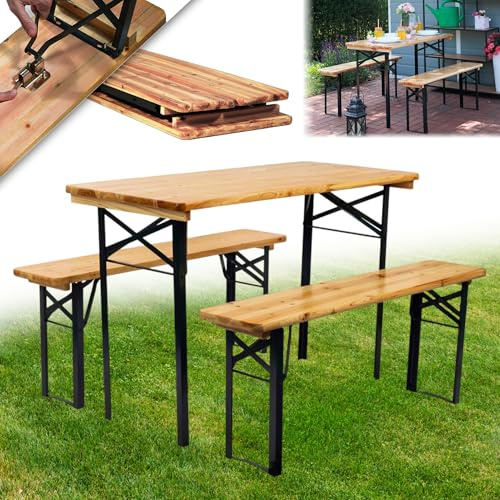 STREND PRO Bierzeltgarnitur MINI 3-teilig | KLAPPBARE Gartenmöbel Set - Holz und Metall - Biertischgarnitur für 4 Personen | Biertisch + 2 Bierbänken | Festzeltgarnitur, Sitzgarnitur, Bierbankgarnitur