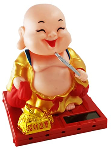 PartyKindom Solar Powered Maitreya Buddha Ornament Small 10x7.8x7.8cm Gold Figurine Car Dashboard Decoration Desktop Car Interior Arrangement