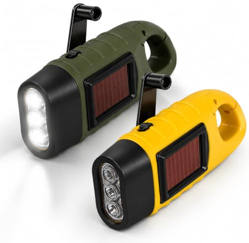 CVMGO 2PCS Wind Up LED Camping Torch Solar Hand Crank Flashlight Carabiner | Dual Power Charging, Super Bright LED Light, Portable & Lightweight, Carabiner Hook Design, Emergency Outdoor Essential