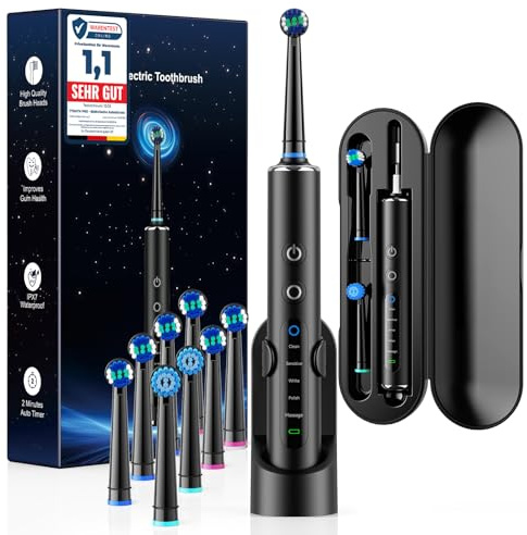Brosse à Dents Électrique Rotative Pour Adultes et Enfant, 3 Intensités 5 Modes, Brosse à Dent Électrique avec 8 Têtes de Brosse, Étui de Voyage, Étanche IPX7, Batterie 120 Jours