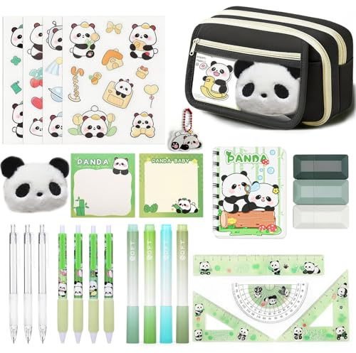yolzhxe 28-delar Kontorsmaterial Panda Set med Fodral, Markeringspennor, Gelpennor, Linjal, Panda Stor Kapacitet Skolfodral Kontorsmaterial Set för Anteckningar eller Dagliga Uppgifter
