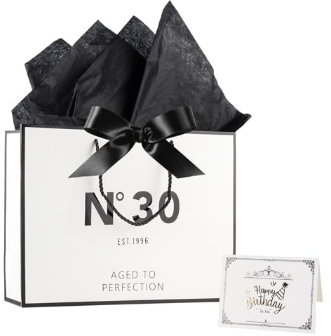 Tookala Weiß Papier Geschenktüte 30. Geburtstag, Geschenktasche mit Seidenband, 32 x 25 x 11 cm Größe Geschenktüte mit Karte & Perlgaze, Happy 30th Birthday Geschenktasche Frau Mann (2026 Version)