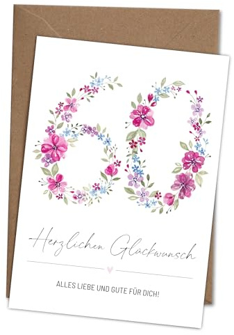 Atelier Amotina Geburtstagskarte 60er Frau mit Handgemaltem Blumen Aquarell | Inklusive Umschlag mit Aufdruck Herzlichen Glückwunsch, Glückwunschkarte DIN A6