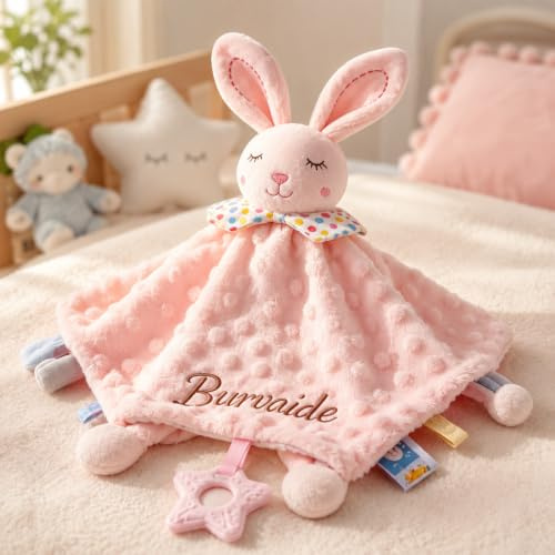 Personalisierte Schnuffeltuch Baby mit Namen aus Weichem Minky Dot Stoff | Schmusetuch Kuscheltuch Hase mit Knisterohren, Personalisierte Geschenk zur Geburt für Neugeborene, Jungen & Mädchen