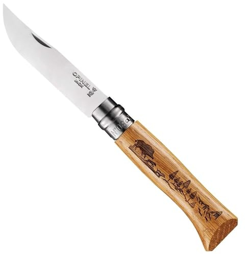 OPINEL No.08 Engraved Oak Handle Folding Knife, Animalia Collection, Stainless Steel Blade, Made in France (Boar)