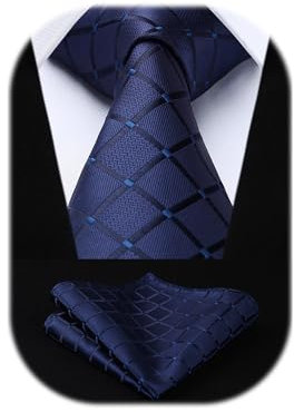 HISDERN Cravate Homme Bleu Marine à Carreaux Élégante Formelle Classique Cravates et Pochette en Soie Mariage d'Affaires Fete Cravate pour Hommes