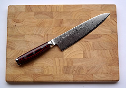 Damaskkniv Yaxell SUPER GOU 161 – kockkniv 20 cm blad – skärkärna av pulverstål 63HRC + skärbräda