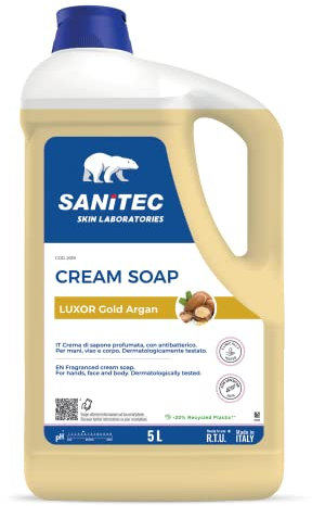 Sanitec, Luxor Gold Argan, Crema di Sapone Profumata Idratante con Glicerina e Antibatterico, Deterge le Mani Lasciandole Fresche e Pulite, pH 5,5, Dermatologicamente Testato, 5L 5000ml