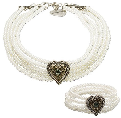 Alpenflüstern Trachtenschmuck-Set Perlen-Trachtenkette und Trachten-Armband Margarethe - Damen-Trachten-Schmuck mit Trachten-Herz, Trachtenset Dirndl-Kette und Trachten-Armkette Creme-weiß SET029