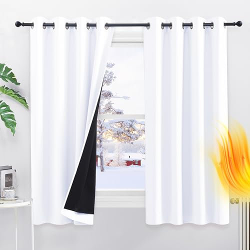 PONY DANCE 100% Blackout Curtains with Liner - Double-Layer Thermal Insulated 52x54 Inch Bedroom Curtains, Energy Saving & Noise Reducing, White Eyelet Window Drapes (Set of 2 Panels)