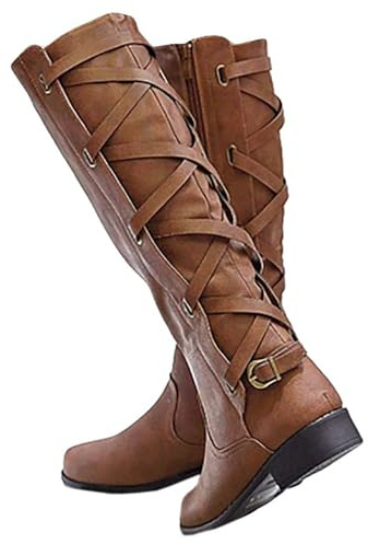 Syktkmx Womens Strappy Motorcycle Knee High Boots Winter Lace Up Riding Flat Low Heel Shoes, Brown, Size 10