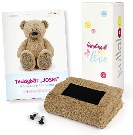 kullaloo Stoffset/Geschenkset zum Teddy nähen - mit Nähanleitung als gedruckte Broschüre, Teddyplüsch und Sicherheitsaugen, verpackt in einer bezaubernden Einhorn-Geschenkbox (braun)