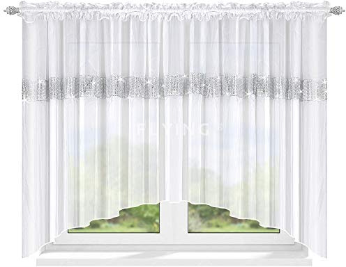 TOP Fertig-Gardine aus Voile mit Zirkonia Top Design Set Gardinen mit Kräuselband Weiss kurz Schöne Küche-Gardine 150 x 400 cm LB-239