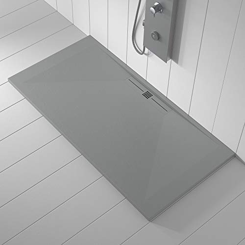 Piatto doccia in marmoresina, colore grigio RAL7035, scarico laterale, superficie ad effetto pietra ardesia, serie Nizza, slim 3 cm, rivestito di Gelcoat, antiscivolo