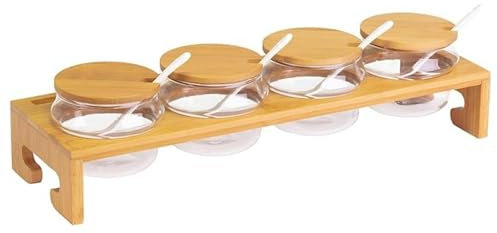 Westmark Set per marmellate/spezie, 13 pz., 1 base + 4 contenitori + 4 coperchi + 4 cucchiai, Larghezza: 38,5 cm, Bambù/Vetro/Ceramica, Tapas + Friends, Marrone chiaro/Bianco, 69902260