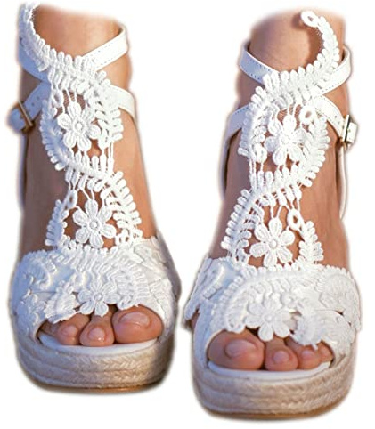 MiLanolce Women's Platform Sandals Wedge Open Toe Ankle Strap lace Wedding Shoes Bridesmaid Shoes,White,Size-9