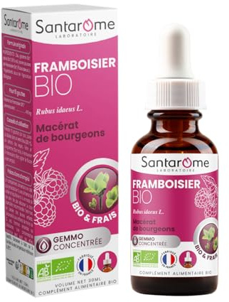 SANTAROME Gemmo Framboisier Bio - Équilibre Féminin - 30 ml - France | Bourgeon de Framboisier bio, frais & cueilli à la main en France - Bien-être féminin - 15 gouttes/jour pures ou diluées