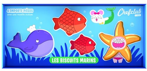 Chefclub Kids - Kit Emporte-Pièces Biscuits 4 Ans+ - Coffret 4 Pièces Inox Baleine, Étoile de Mer, Poissons - Recette Biscuits Maison Enfant + QR Code Vidéo - Set Pâtisserie Enfant - Idée Cadeau