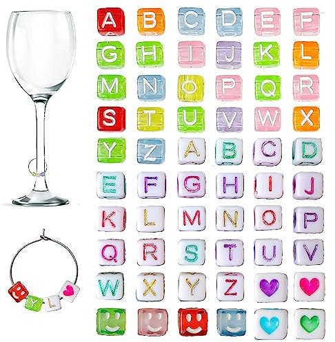 360 pezzi Charms per Bicchieri di Vino, 300pz Quadrato Perline dell'alfabeto Cuore Sorriso Segnabicchieri con 60 Fibbie, per Festa di Degustazione di Champagne Cocktail Bomboniere Decorazione Regali