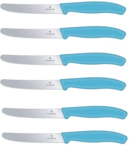 Victorinox 6 Stück Tafelmesser - Küchenmesser - Brötchenmesser Swiss Classic mit Wellenschliff - Swiss Made - Limited Edition Karibikblau