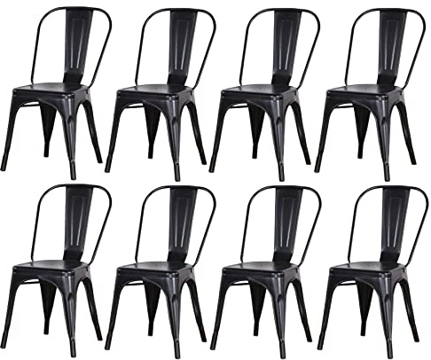 BenyLed Set di 8 Sedie da Pranzo in Metallo Impilabili in Stile Industriale, Stile Vintage, Adatto per Interni ed Esterni, Sedia da Giardino (Nero)