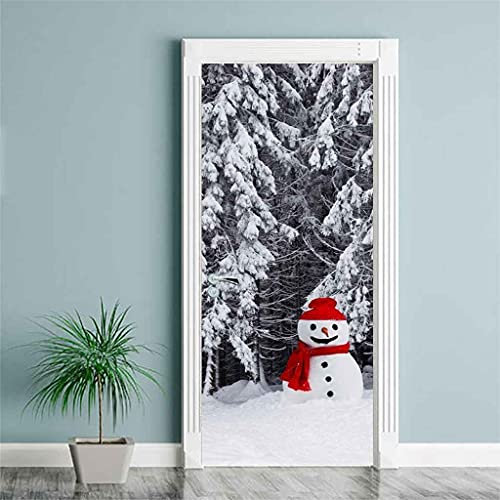 CBWRAW 3D Türtapete Fototapete Selbstklebend Türposter Abnehmbar Pvc Fototapete Türfolie Weihnachtsschneemann Schneeszene Muster Türaufkleber Für Wohnzimmer Erwachsene Kind Schlafzimmer Küche 77x200cm