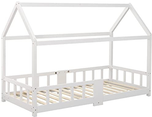 JINTAOMA Kinderbett 90x200 cm mit Rausfallschutz - Hausbett mit Lattenrost für Kinder - Bettrahmen Weiß aus Holz für Mädchen, Jungen,White