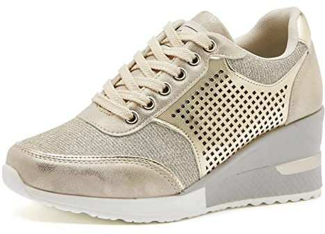 GYCS Baskets Compensées À Talons Hauts pour Femmes Talon 8cm Chaussure de Sport Gym Fitness Jogging Voyage Respirantes Mode Plateforme Sneakers,d'or,42EU