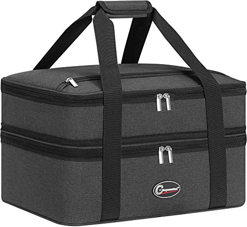GhvyenntteS Insulated Casserole Carrier, Double Casserole Carriers for Hot or Cold Food Warmer Bag, Lasagna Lunch Bag Keep Food Warm for Potluck Parties, Picnic, Travel, Fits 9x13 Baking Dish, Grey