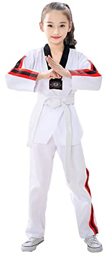 Amur Leopard Tuta Taekwondo Bambino Uniforme Professionale per Arti Marziali Karate Costumi Taekwondo Bambina con Cintura, Collare Nero, 130/8-9 Anni