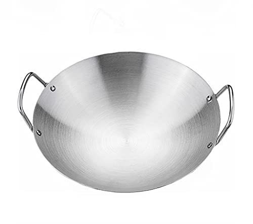 OQHAIR Freír Antiadherente para Wok de Acero Inoxidable no magnético 201 de Doble Oreja Comercial, Pulido, 30 cm 70 cm Conducción de Calor rápido Sin Recubrimiento Wok Chino fácil de Limp