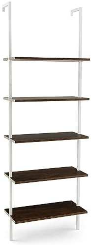 COSTWAY 5-Tier Ladder Shelf, Wall Bookcase Display Rack Shelving Unit, Metal Frame Wooden Storage Shelves Organiser Plant Stand for Living Room, Bedroom, Kitchen and Office