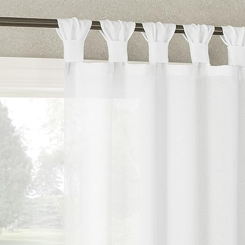 No. 918 Reman 2-Pack Twist Tab Linen Texture Semi-Sheer Tab Top Curtain Panel Pair, 40 x 84, White