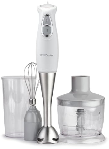BETTY CROCKER Immersion Blender for Home & Kitchen, 2-Speed Hand Mixer Electric Handheld with Stainless Steel Blade, Beaker & Whisk, 250W Portable Blender with Ergonomic Handle, White
