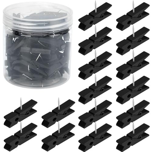 Senkary 60 Pieces Black Push Pins with Wooden Clips, Clothespin Pushpins Cute Decorative Thumb Tacks for Cork Board, Bulletin Board, Photos, Crafts, Classroom Office