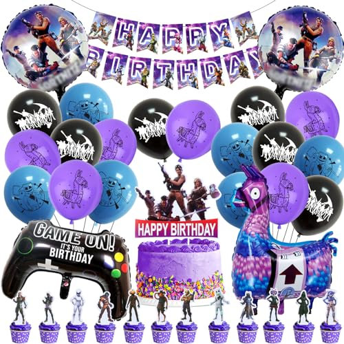 Gaming-Party Geburtstag Deko Set 48 Stück - Fortnite Kuchen Deko, Videospiel Geburtstagsdeko mit Luftballons und Jungenmotiv