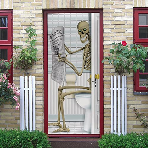 türbilder selbstklebend 77x200cm(30.31 inches * 78.74 inches)Skelett Toilette 3D Tür Aufkleber für Innentüren Wasserdichte Tür Aufkleber 3D Effekt Tapete DIY Wandbilder Wohnzimmer Schlafzimmer Tür Dek