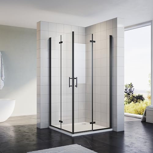 Sonni Porte pliante - Paroi de douche - Entrée d'angle - 90 x 90 cm - Noir - Paroi de douche Nano 6 mm - Verre pliable à 180° - Hauteur 195 cm - Porte pivotante