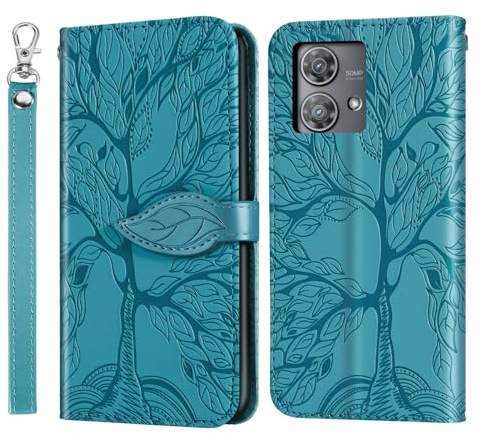 Rostsant Funda para Motorola Moto Edge 40 Neo Árbol en Relieve Carcasa de Cuero PU Motorola Moto Edge 40 Neo Cartera Magnético Funda Teléfono Billetera para Motorola Moto Edge 40 Neo Azul