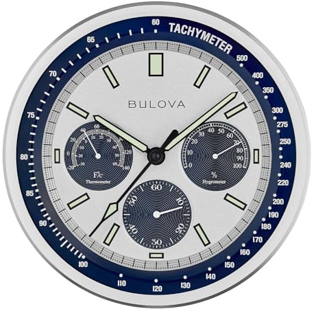Bulova Lunar Pilot Wall Clock C1971 | Matte Silver Finish |Temperature & Hygrometer Display | Silent Sweep Quartz Movement | 13.75-Inch