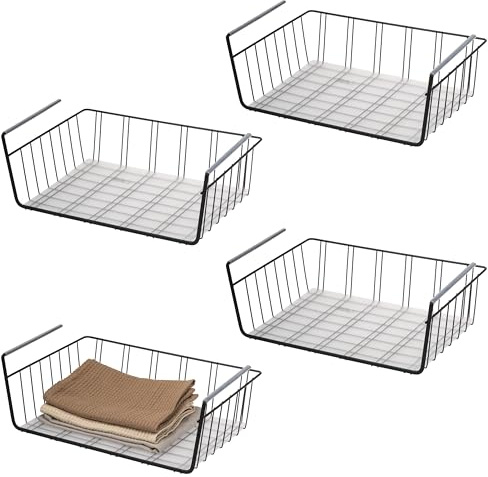 eluno Schrankkörbe 4er Set inklusive Einlegeböden und Kratzschutz, Aufbewahrungskorb Organizer für Küche, Speisekammer, Büro, Bücherregal, Schrank, Schränke, Badezimmer, Unterregal, 41 cm (Schwarz)