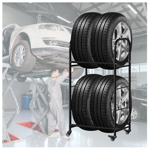 YLLFFLL Reifenständer felgenregal felgenhalter Schweres Rollendes Reifenregal Mit Rädern Für Garagen/Werkstätten, 2-stufiger Autoreifenhalter, Indoor Outdoor Reifenregal
