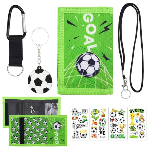 POPAPIE Brustbeutel Kinder Geldbörse Set Fußball Schlüsselanhänger Aufkleber für Jungen Fußball Anhänger Neuheiten Fußball Geschenke für Münzbeutel Geldbörse Fussball Geschenke Jungen Portemonnaie