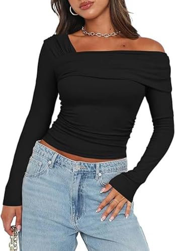 TrendiMax Womens Long Sleeve Sexy Tops Off Shoulder Ruched Ribbed Knit Shirt Fleeced Slim Fit Blouse T Shirt Black