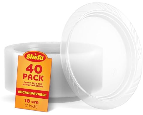 Shefa Lot de 40 assiettes transparentes, réutilisables et lavables, vaisselle robuste, passe au micro-ondes – Idéales pour les anniversaires, les fêtes, le camping, la restauration (assiettes de 17,8
