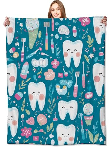 VODRM Dental Tooth Fairy Blanket,60x80in,Cute Toothbrushe Floss Teal Throw Blankets,Dental Hygienist Gifts for Kids Adult, Lightweight Soft Fleece Cozy,for Sofa Couch Bed Room Modern Decor