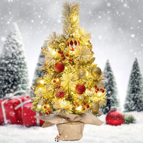 Mini Albero di Natale 60cm, Albero di Natale Artificiali, Albero di Natale da Tavolo Artificiale con luci a LED e Decorazioni, piccolo albero di Natale per casa, ufficio, Decorazioni Tavola