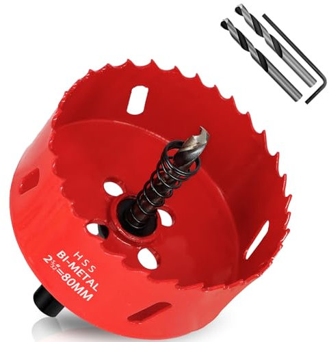 KACNON Seghe a Tazza Bi-Metallica 80 mm, M42 HSS Sega A Tazza Trapano, con Adattatore Esagonale e Punta di Centraggio, per Forare Plastica, PVC, Legno, Fibra di Legno, Metallo Dolce, Rosso