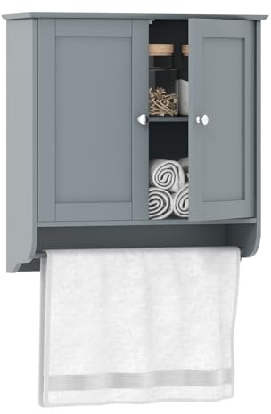 Multigot Wall Mounted Cabinet, Bathroom Storage Cupboard with Double Doors, Towel Bar and Adjustable Shelf, Wooden Hanging Organizer Unit for Bedroom Kitchen Living Room (Grey)