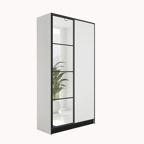 KIER FURNITURE Kleiderschrank mit Spiegel - Schrank Schlafzimmer - Garderobenschrank Flur Diele - Ausziehbare Kleiderstange - Eden v1 - BxHxT 104,8x205x39cm - 2 Türen - Weiß | Geräumiger Ankleideschrank mit praktischer Aufbewahrung für Kleidung und Wäsche, ideal für Erwachsenen- oder Kinderzimmer